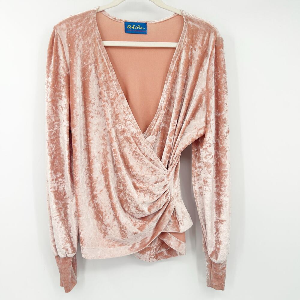 Akira‎ Womens Balletcore Crushed Velvet Surplice V-Neck Ruched Long Sleeve Top